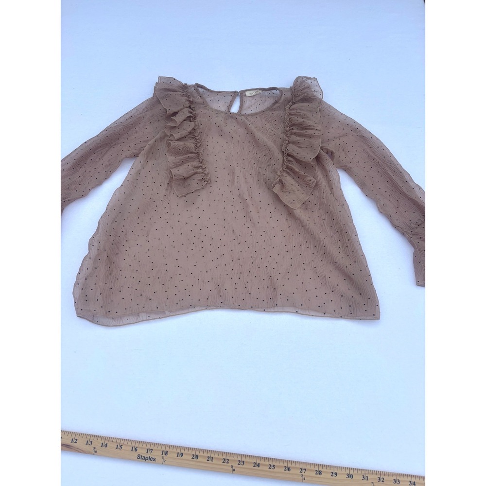 Mystree Mauve Polka Dot Ruffle Chiffon Blouse Sheer Long Sleeve Top Medium
